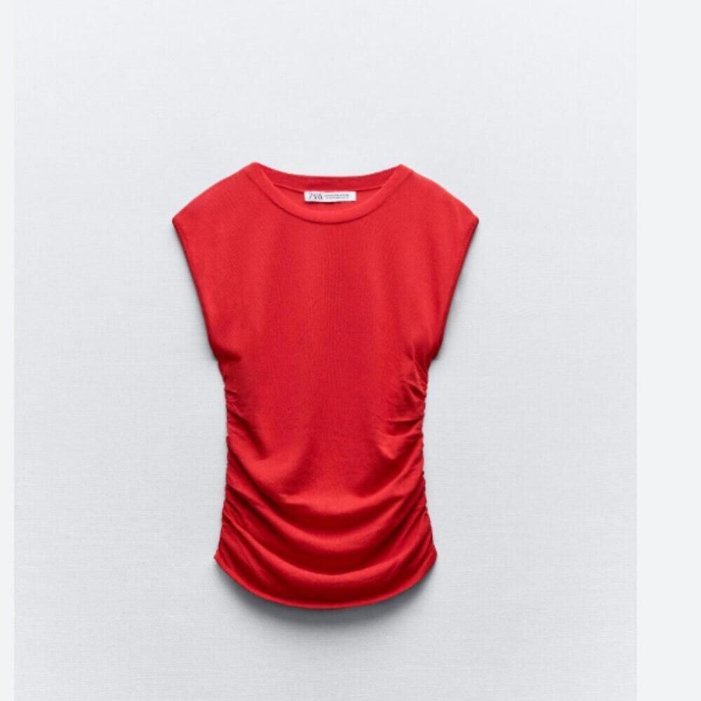 ZARA RED Sleeveless Minimalist Ruched Short Sleeve Top Size Large